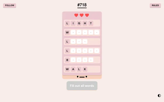 Couples puzzle 718 on a desktop: a six-row chain from LIGHT to WALK with four blank words showing only their first letters, three hearts above