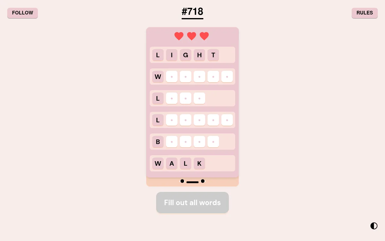 Couples puzzle 718 on a desktop: a six-row chain from LIGHT to WALK with four blank words showing only their first letters, three hearts above