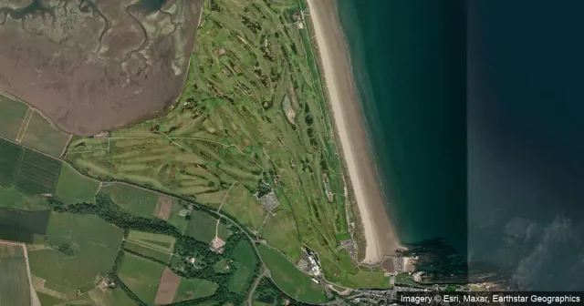 CourseGuessr's satellite view of the Old Course at St Andrews beside the beach, a round of daily #10 on 20 October 2026