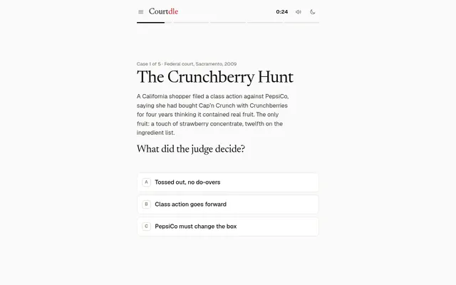 Courtdle case 1 of 5, The Crunchberry Hunt: the facts of a 2009 Sacramento federal case and three verdicts to choose from, with the 30 second timer running