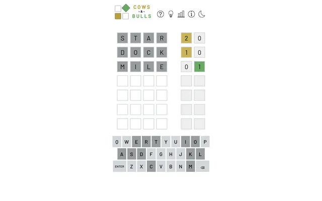 Cows and Bulls board for 28 October 2026 with guesses STAR, DOCK and MILE and their cows and bulls counts beside each row, above the on-screen keyboard