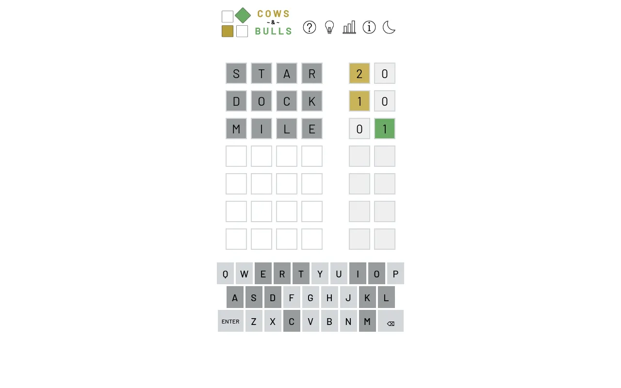 Cows and Bulls board for 28 October 2026 with guesses STAR, DOCK and MILE and their cows and bulls counts beside each row, above the on-screen keyboard