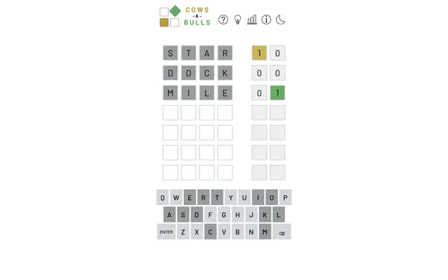 Cows and Bulls board for 20 October 2026 with three guesses, STAR, DOCK and MILE, each with its cows and bulls counts, above the on-screen keyboard