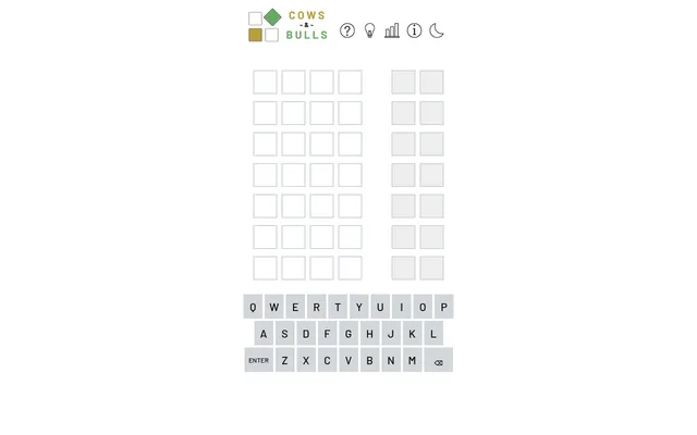 Cows and Bulls daily board: seven empty rows of four letter boxes with bulls and cows count boxes beside them, above an on-screen keyboard