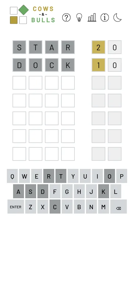 Cows and Bulls at phone size on 28 October 2026: two guesses, STAR and DOCK, with their counts, and the full keyboard below the board