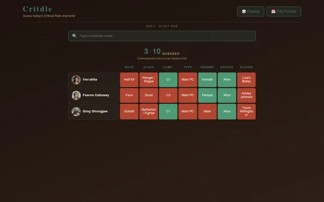 CR-dle's daily board for 26 Oct 2026 at desktop size: three guesses (Vex'ahlia, Fearne Calloway, Grog Strongjaw) with green and red tiles for race, class, campaign, type, gender, status and player