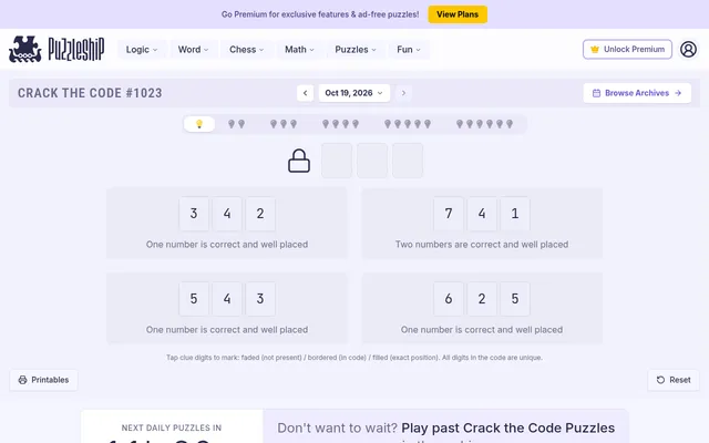 Crack the Code #1023 for 19 Oct 2026, very easy: an empty three-digit padlock above four clues such as 7 4 1, two numbers are correct and well placed