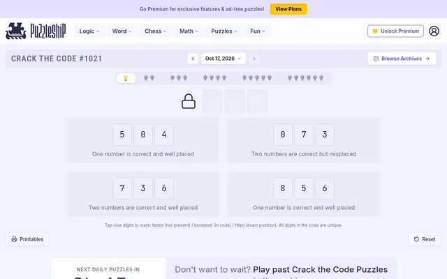 Crack the Code #1021 for 17 Oct 2026 on the very easy setting: an empty three-digit padlock above four clues such as 7 3 6, two numbers are correct and well placed