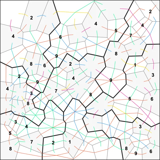 A Cracked Sudoku board: irregular polygon cells with givens, thick group outlines and coloured run lines