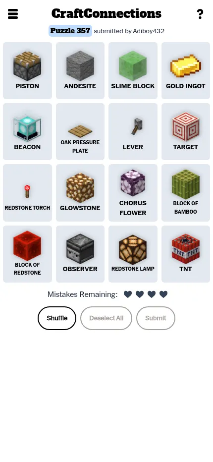 CraftConnections puzzle 357 at phone size: the same sixteen Minecraft tiles fill the narrow screen, with Shuffle, Deselect All and Submit below