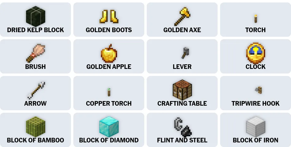 A CraftConnections board: sixteen Minecraft item tiles in a four-by-four grid, among them Dried Kelp Block, Golden Boots, Torch, Clock, Crafting Table and Block of Diamond