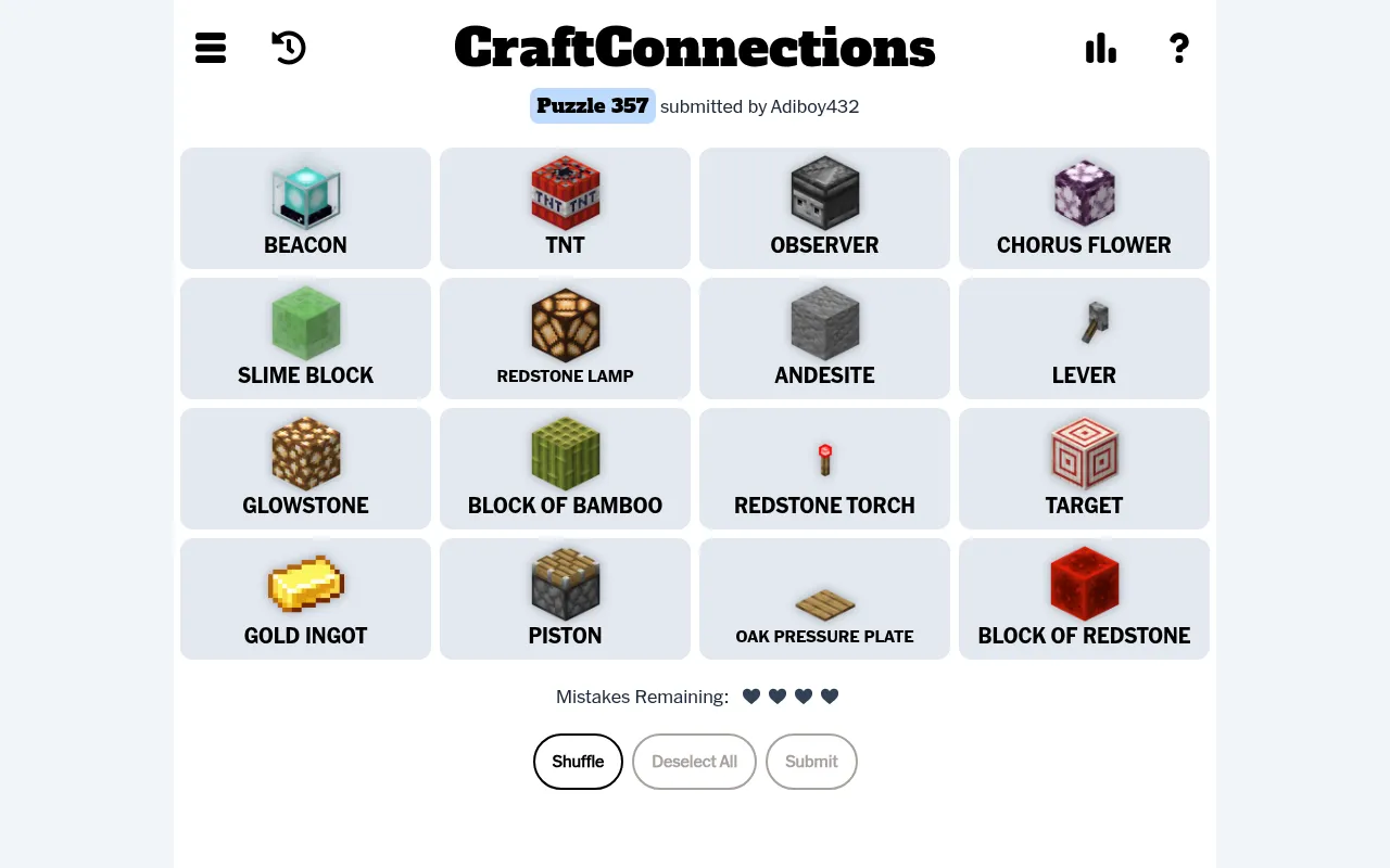 CraftConnections puzzle 357 on a desktop: sixteen Minecraft tiles in a four-by-four grid, among them Beacon, TNT, Observer, Slime Block and Block of Redstone, with four hearts left