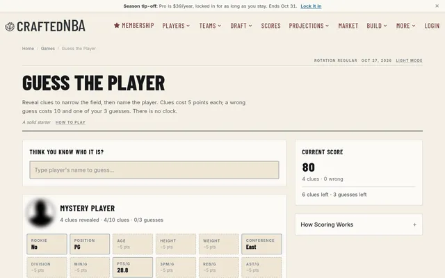 CraftedNBA Guess the Player on 27 October 2026: four clue tiles turned over (rookie No, position PG, conference East, 28.8 points a game), the score at 80 and the name box