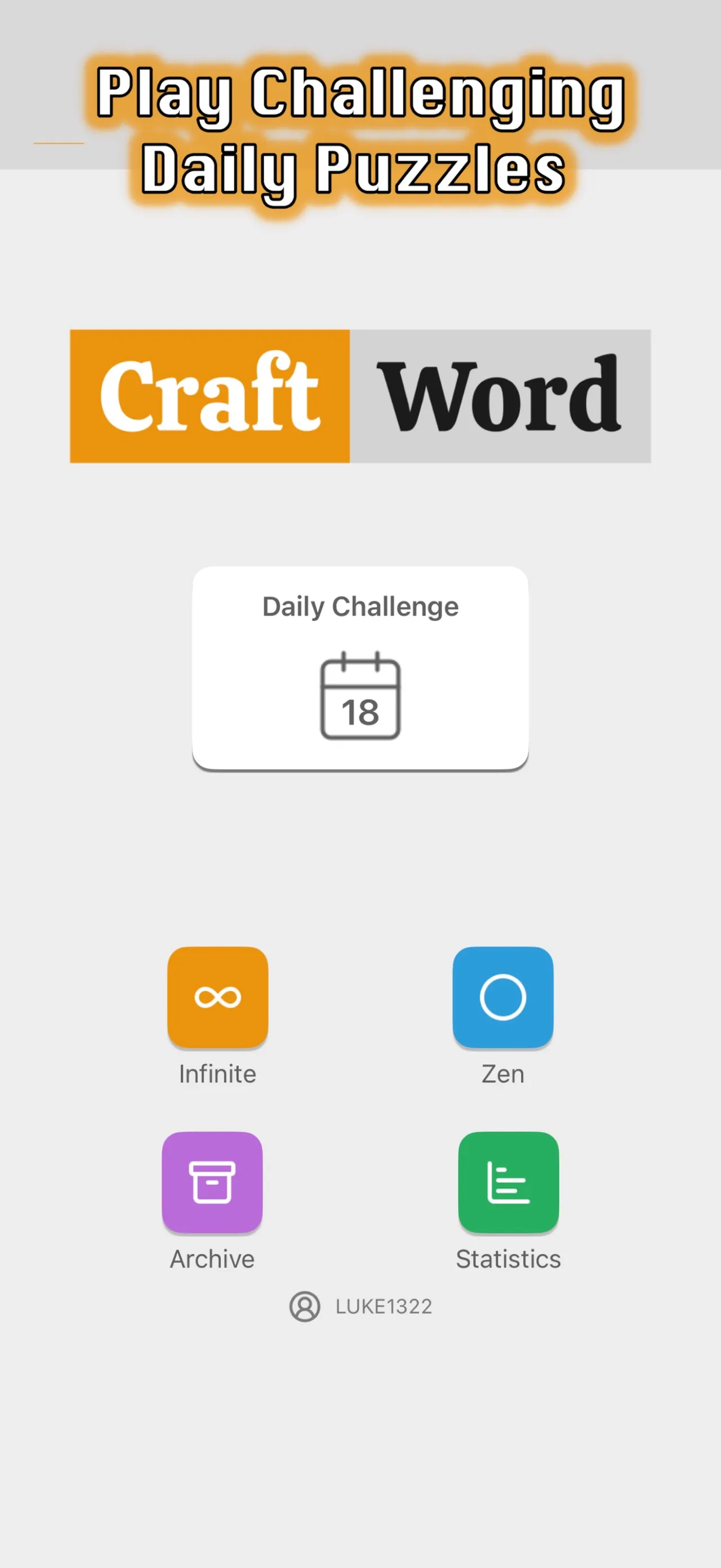 CraftWord home screen with the Daily Challenge button and Infinite, Zen, Archive and Statistics options