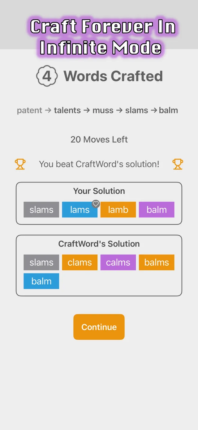 CraftWord round result comparing the player's word chain from slams to balm with the game's own solution