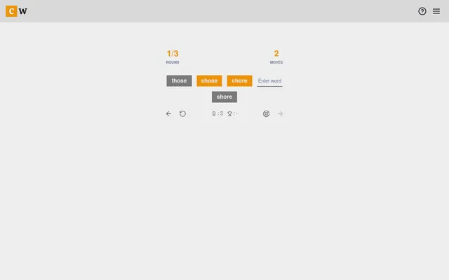 CraftWord's first round on 26 October 2026 on desktop: those, chose and chore placed on the way to the goal word shore, with the move count above