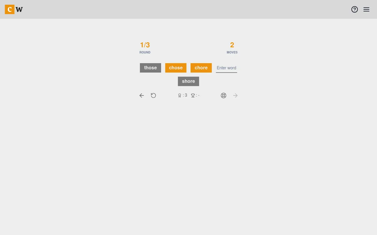 CraftWord's first round on 26 October 2026 on desktop: those, chose and chore placed on the way to the goal word shore, with the move count above