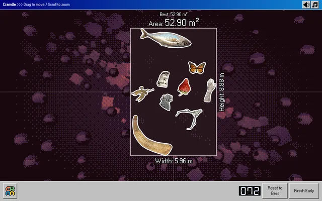 Today's Cramdle board on 30 October 2026: a fish, a butterfly, a strawberry, a powder horn, antlers and carved heads in a 5.96 by 8.88 m box, 72 seconds left on the timer