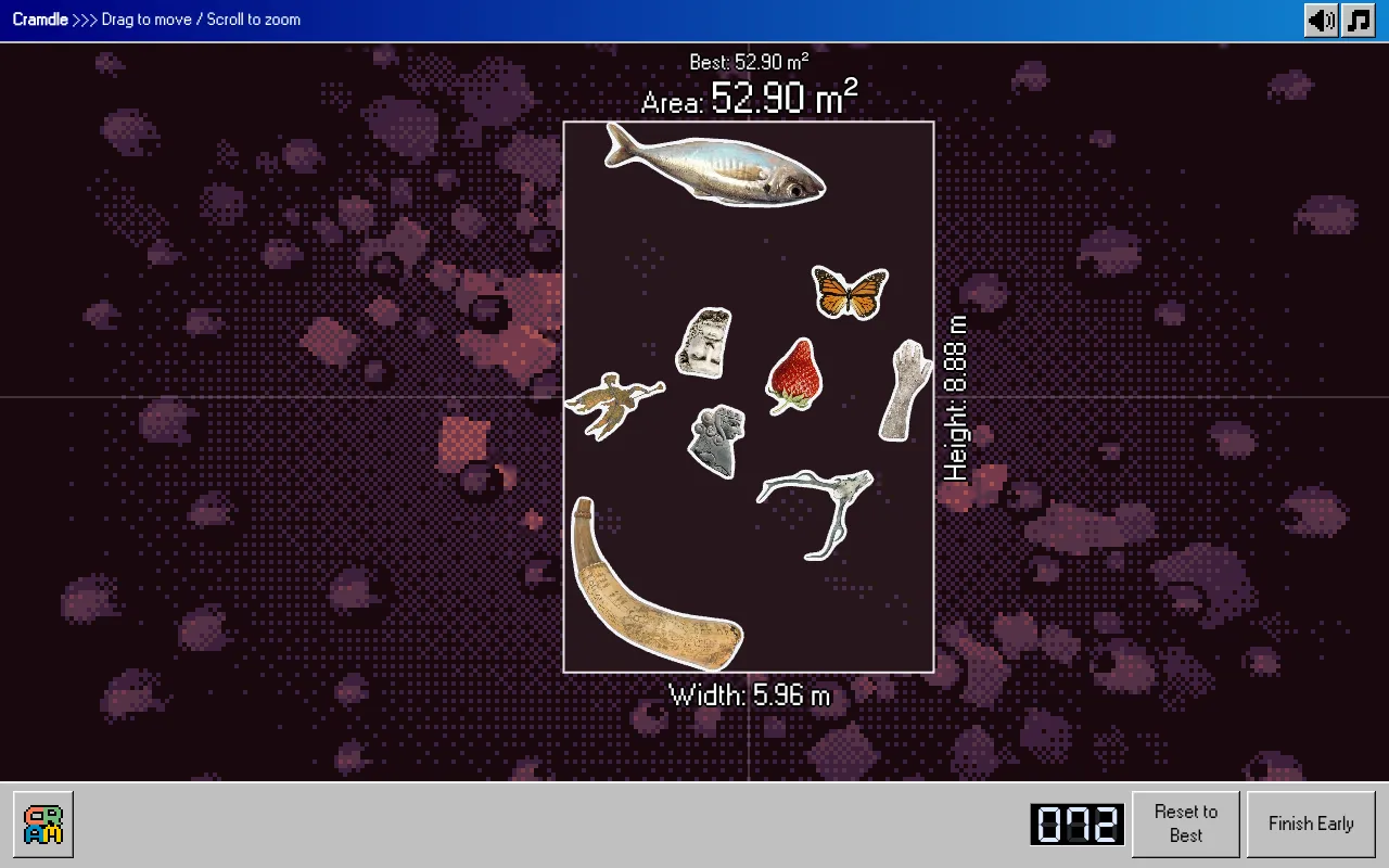 Today's Cramdle board on 30 October 2026: a fish, a butterfly, a strawberry, a powder horn, antlers and carved heads in a 5.96 by 8.88 m box, 72 seconds left on the timer