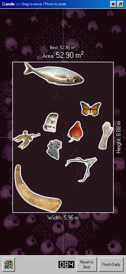 Cramdle at phone size on 30 October 2026: the day's nine objects in their starting box, with Reset to Best and Finish Early under the board