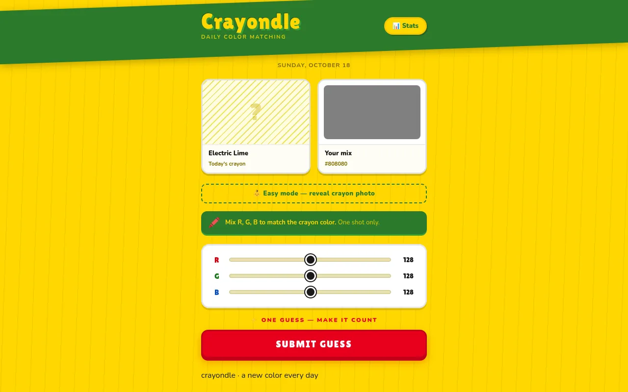Crayondle board for Sunday, October 18 before the guess: today's crayon Electric Lime behind a hidden swatch, a grey Your mix preview and RGB sliders at 128