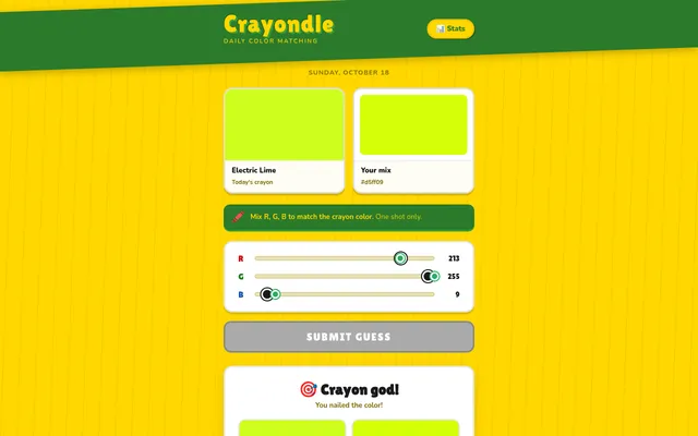 Crayondle for Sunday, October 18 after the guess: today's crayon Electric Lime revealed beside the player's mix #d5ff09, sliders at 213, 255 and 9, and a Crayon god result card
