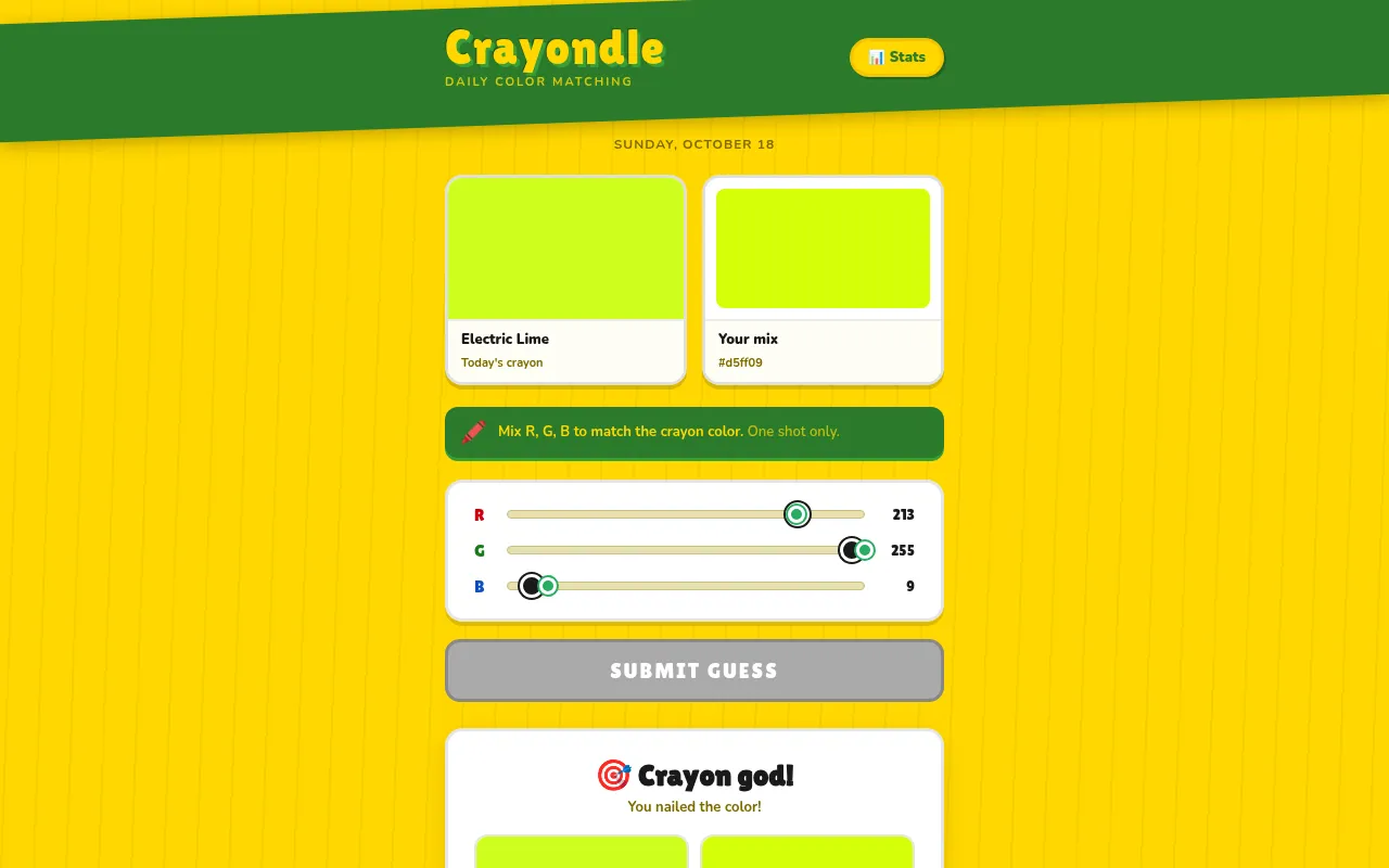 Crayondle for Sunday, October 18 after the guess: today's crayon Electric Lime revealed beside the player's mix #d5ff09, sliders at 213, 255 and 9, and a Crayon god result card