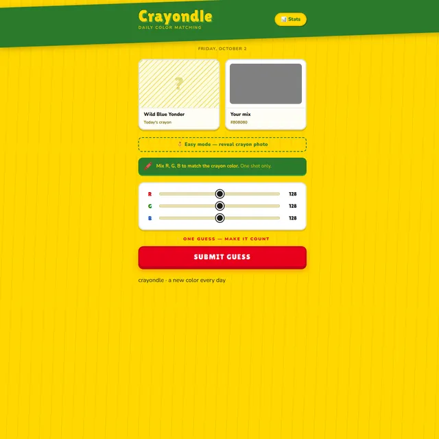 Crayondle page showing today's crayon name Wild Blue Yonder, a hidden swatch, a grey mix preview and RGB sliders