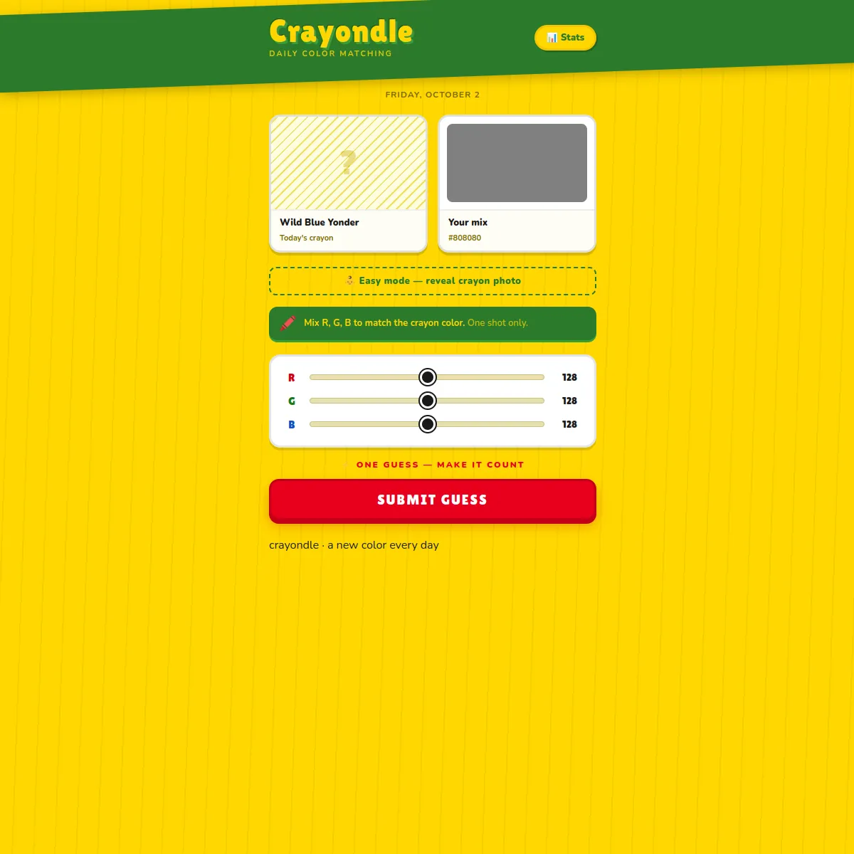 Crayondle page showing today's crayon name Wild Blue Yonder, a hidden swatch, a grey mix preview and RGB sliders