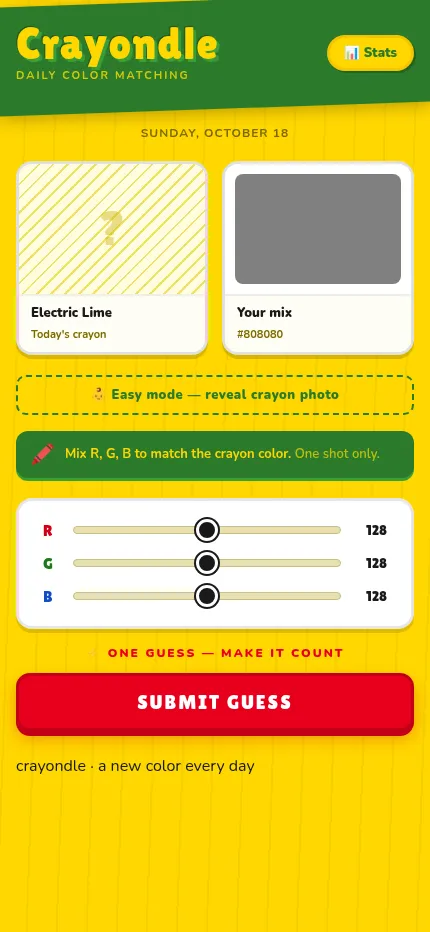 Crayondle at phone size: the Electric Lime board with the easy mode button, RGB sliders and the Submit Guess button