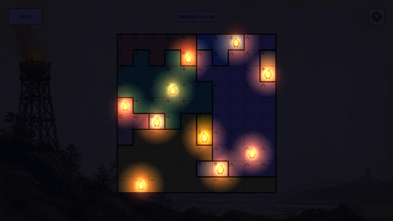 A solved Cresset board at night, its ten fires glowing over the darkened colour regions