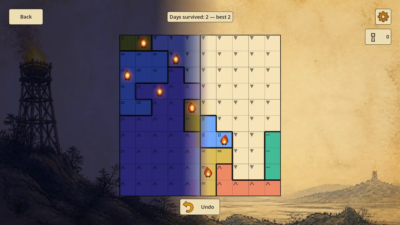 Cresset Endless mode with Days survived 2, the solved part of the strip turning to night