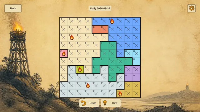 Cresset daily puzzle for 2026-09-16: a 10x10 grid of colour regions with symbols, several fires placed and crossed-out cells, with Undo and Hint buttons