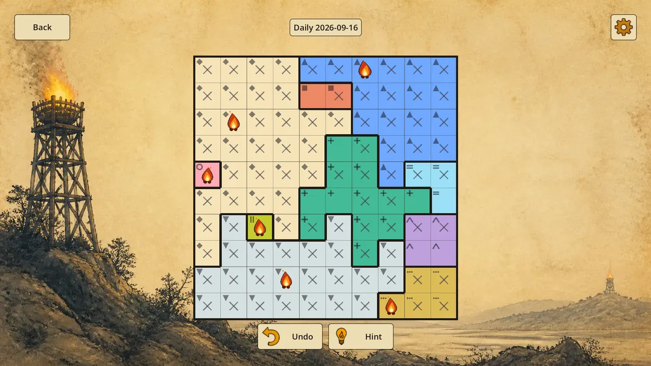 Cresset daily puzzle for 2026-09-16: a 10x10 grid of colour regions with symbols, several fires placed and crossed-out cells, with Undo and Hint buttons