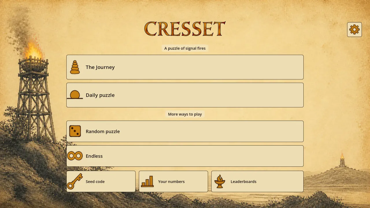 Cresset main menu with The Journey, Daily puzzle, Random puzzle, Endless, Seed code, Your numbers and Leaderboards