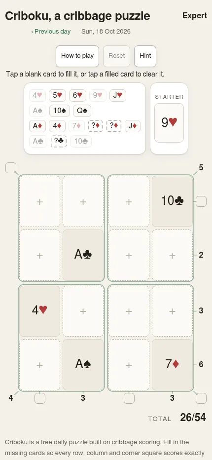 Criboku at phone size: the day's whole board with its row, column and corner square scores and the running total