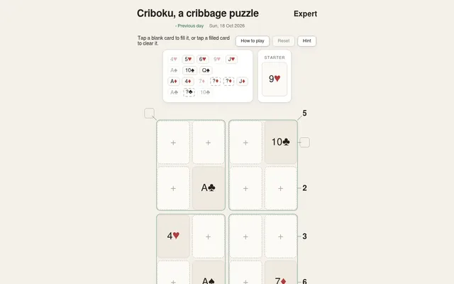 Criboku's board for Sunday 18 October 2026 (expert): a four by four grid of cards with blanks, the card pool and the 9 of hearts starter