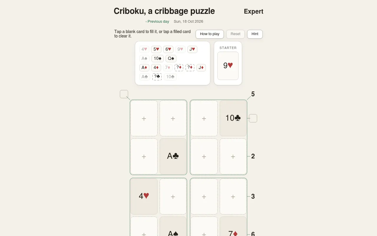 Criboku's board for Sunday 18 October 2026 (expert): a four by four grid of cards with blanks, the card pool and the 9 of hearts starter