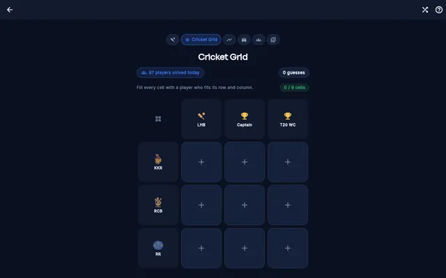 Today's crickedle Cricket Grid: an empty 3x3 board with KKR, RCB and RR rows and left-handed batter, captain and T20 World Cup columns