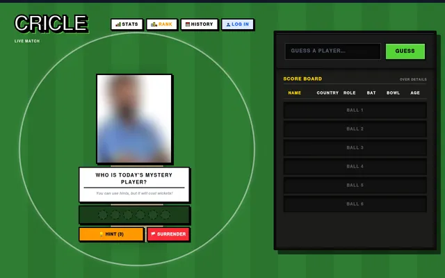 A Cricle round: a blurred photo of today's mystery cricketer with hint and surrender buttons beside a six-ball score board with Name, Country, Role, Bat, Bowl and Age columns