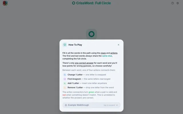 CrissWord: Full Circle How To Play panel explaining that you fill in a path of clued words where the first and last share the same clue, with four connecting actions (change a letter, find an anagram,