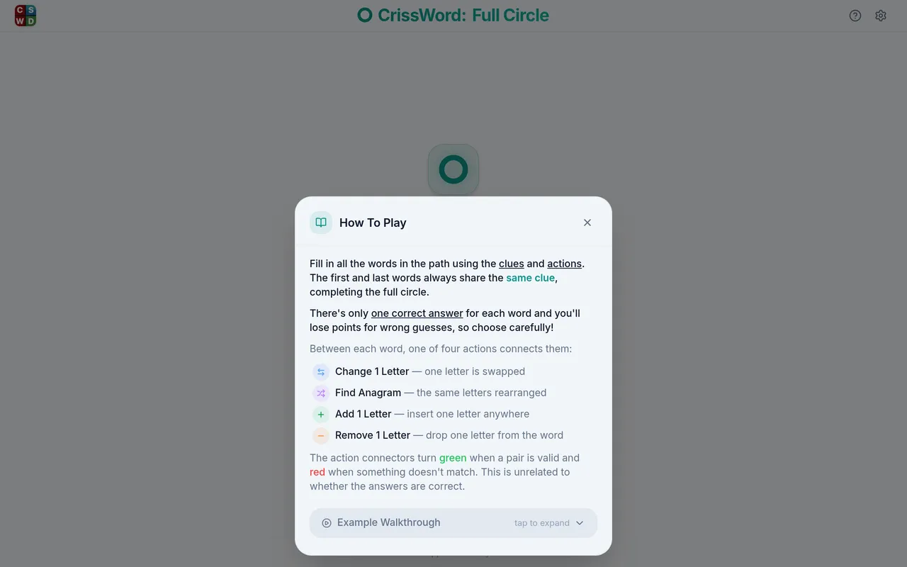 CrissWord: Full Circle How To Play panel explaining that you fill in a path of clued words where the first and last share the same clue, with four connecting actions (change a letter, find an anagram,