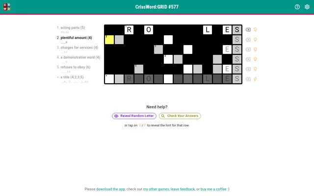 CrissWord: GRID No. 577 board on desktop: five clued rows and a title row, the first answer typed and its column letters filled in the other rows