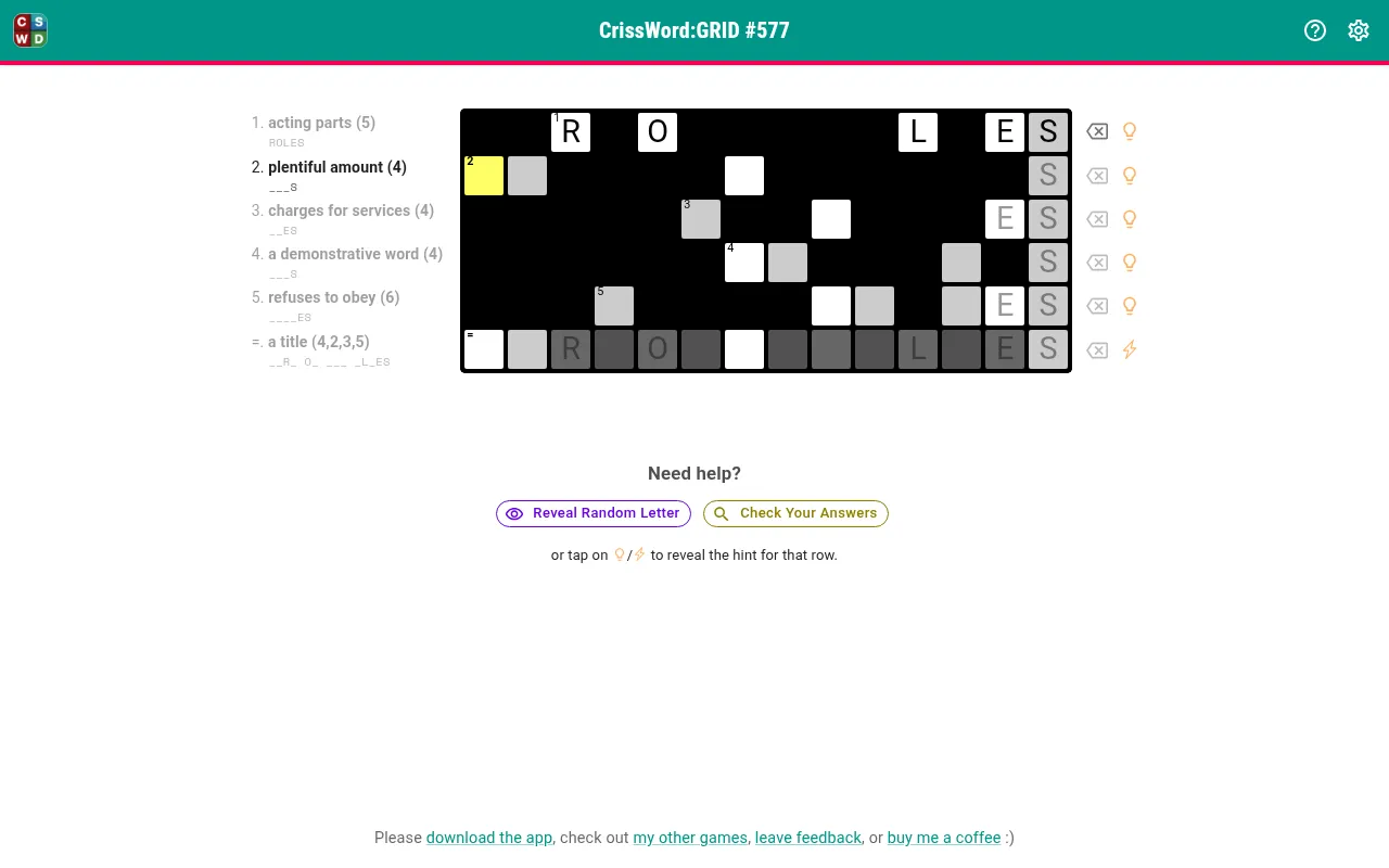 CrissWord: GRID No. 577 board on desktop: five clued rows and a title row, the first answer typed and its column letters filled in the other rows
