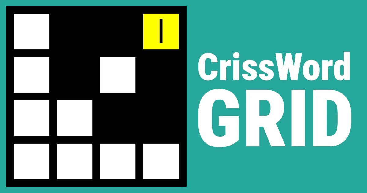 CrissWord: GRID cover: a black-and-white puzzle grid with a yellow cursor cell beside the large CrissWord GRID logo on a teal background.
