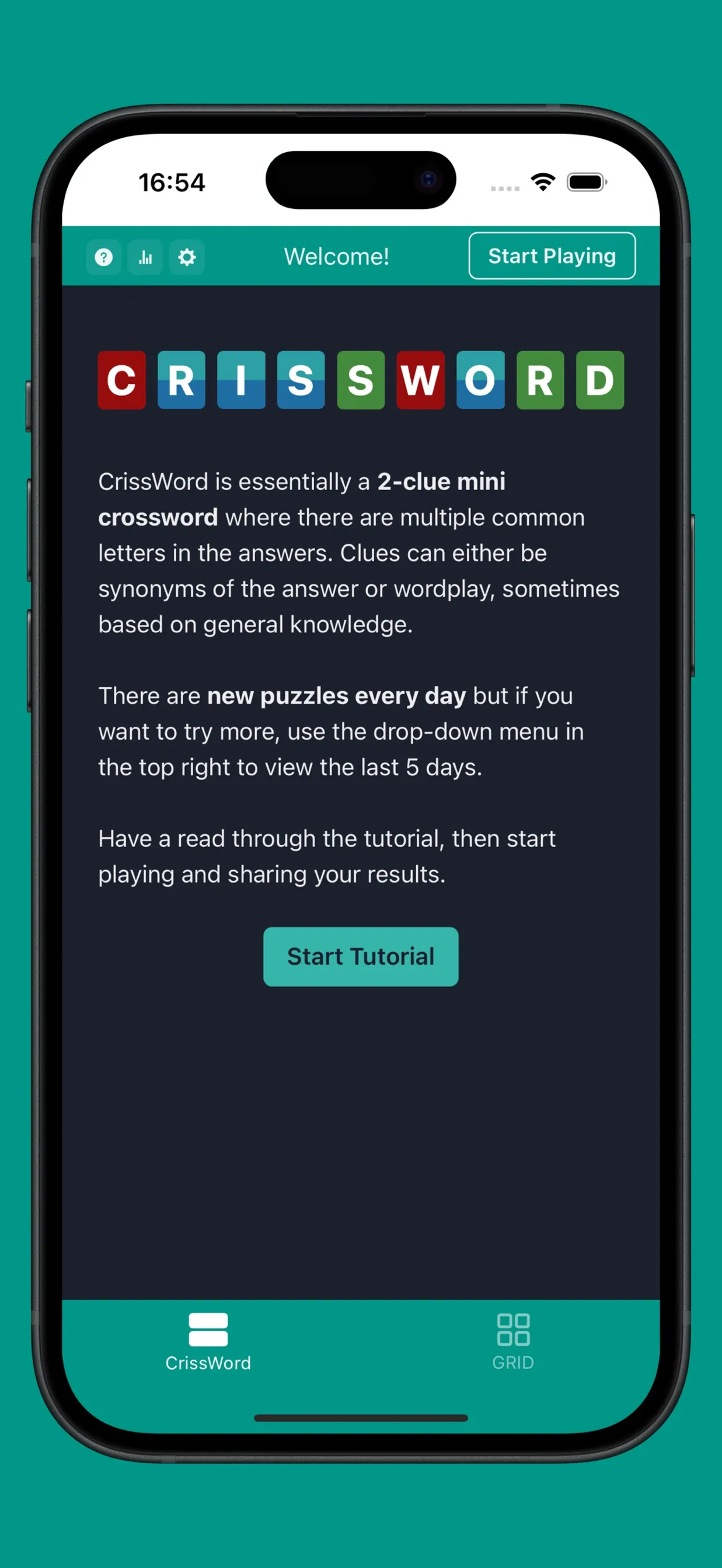 A CrissWord puzzle in the iPhone app