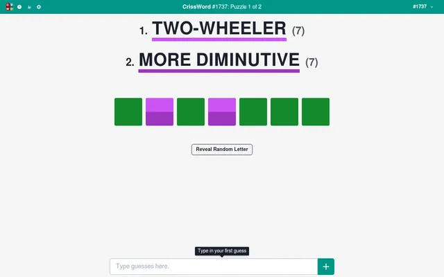 CrissWord #1737, puzzle 1 of 2 on 22 October 2026: the clues Two-wheeler (7) and More diminutive (7) above a row of seven squares, green where the answers share letters