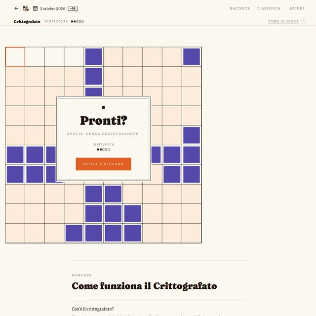 Crittografato grid dated 3 ottobre 2026 with black squares, difficulty two of five and the Pronti start panel
