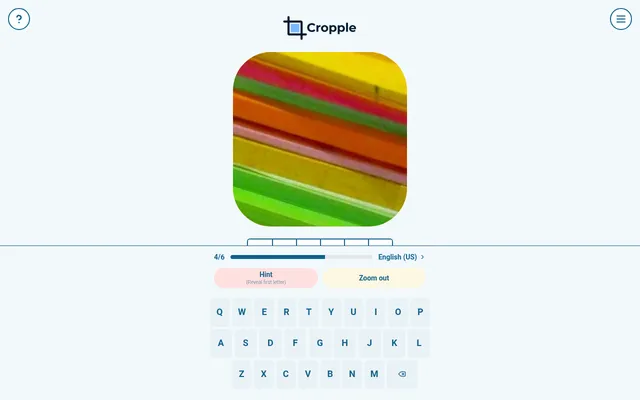 Today's Cropple on desktop after four zoom-outs: a rounded crop of yellow, red, orange and green stripes above letter boxes, with Hint, Zoom out and an on-screen keyboard