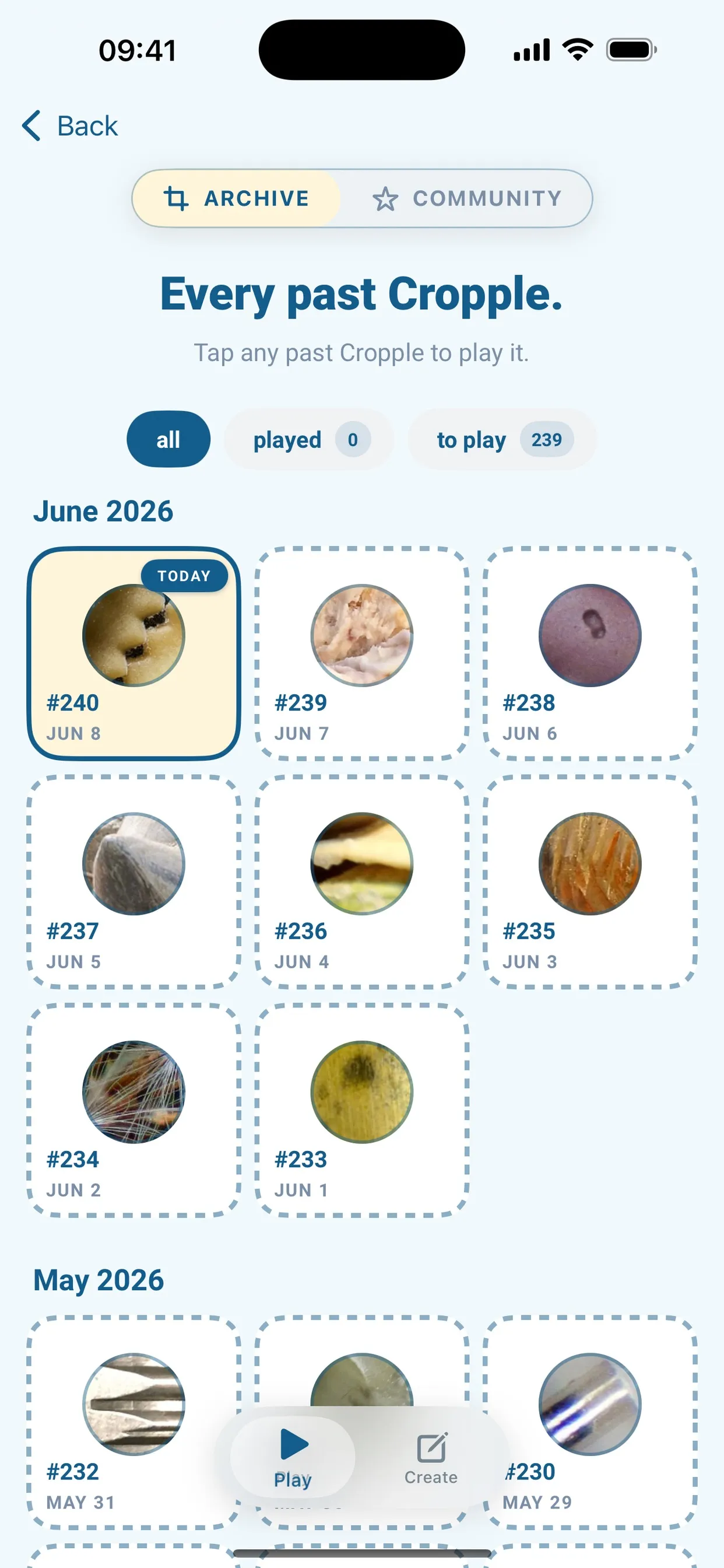 The Cropple archive of numbered past puzzles